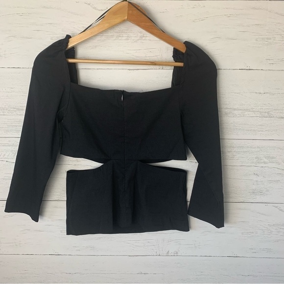 Zara Linen Blend Cut Out Top Black Puff Shoulders Cropped Small - Picture 10 of 16